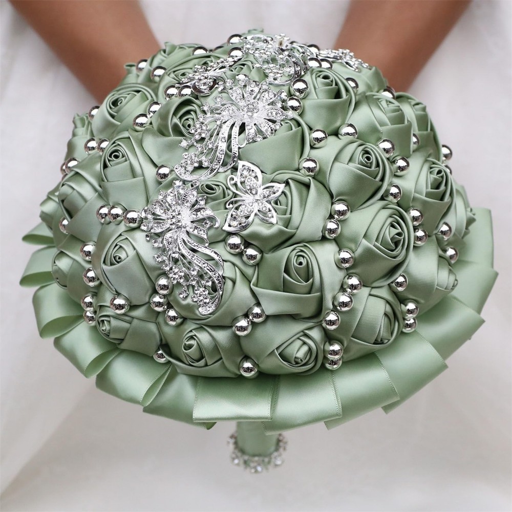 Handmade Wedding Bouquet with Silver Rhinestone Brooch Pearl Bridal Bouquet f…