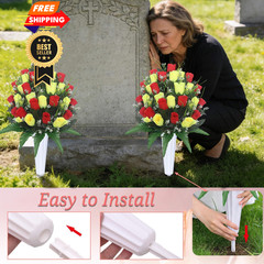 Hibsotco Artificial Cemetery Flowers with Vases 2 Sets 19 inches, Red Yellow