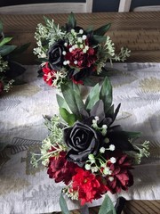 wedding bouquet set Black and Red Theme With Flower Girl Set Also 6 total