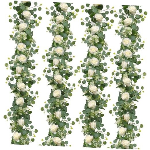 4Pcs(26 Ft) Artificial Eucalyptus & Rose Flower Garland, Faux Rose 4PCS White