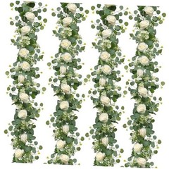 4Pcs(26 Ft) Artificial Eucalyptus & Rose Flower Garland, Faux Rose 4PCS White