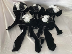 Wedding Bouquet Set, Black & White Roses, Black Velvet Bows, 21 Pc Flowers