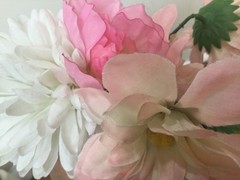 vtg SILK FLOWER mix orange pink mums petunia +ARRANGEMENT Macao ENB 60’s to 80’s