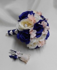 Wedding Silk Flower Bridal Bouquets 18 pcs Package Ivory Navy Blue Pink/Blush