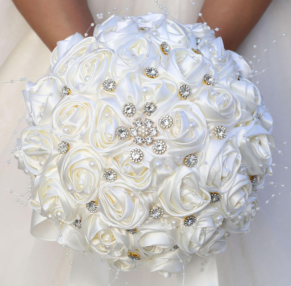 Ivory Bling Brooch Bouquet – Elegant Artificial Rose for Bride & Bridesmaid