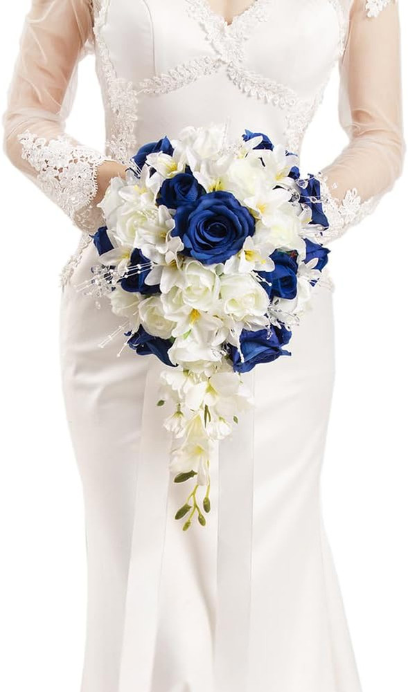 Bridal Bouquet Cascading, Royal Blue & Ivory Wedding Bouquets for Bride Bridesma