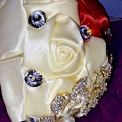 Bridal Satin Rose Brooch Bouquet w/ Rhinestones & Pearls Red Ivory Wedding