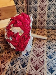 Bridal bouquet of Heart Rhinestones Red & White Roses satin flower
