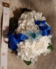 NEW 5″ Artificial White Rose Wrist Corsage W/Blue Butterfly, Royal Blue Bow Bout
