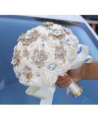 Hmplimue Handmade Ivory Silk Rose Bridal Bouquet 7.5” w/Rhinestones