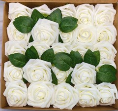 25 Ling’s Moment Artificial Foam Ivory Roses With Stems & Leaves NOB 25 Piece