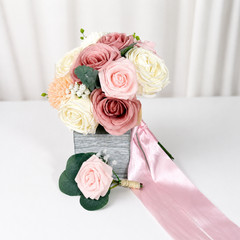 Mauve Pink Ivory Cream Faux Rose Bridal Bouquet Boutonniere Wedding Set