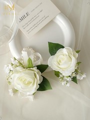 Wrist Corsage and Boutonniere Set2pcs, Ivory White Artificial Silk Rose Pearl…