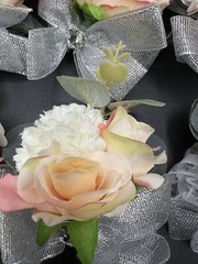 Floral Wrist Corsages – 6 – Roses/carnations with greenery, silver bow & bling