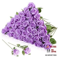 36 Pcs Silk Rose Bouquet Bridal Artificial Flowers,Fake Rose Long Stem Purple