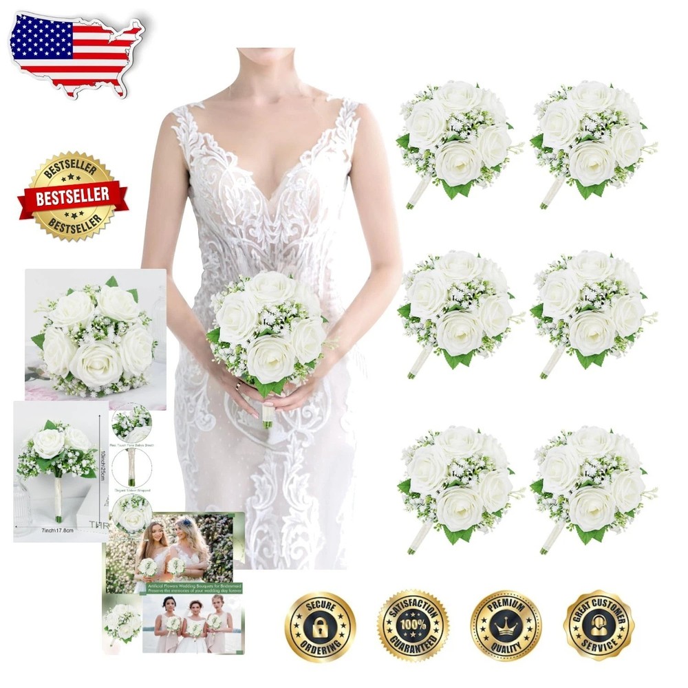 Elegant Ivory Silk Rose Flower Bouquets – 6 Bridesmaid Size, 7 Inch, Wedding