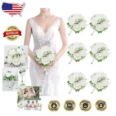 Elegant Ivory Silk Rose Flower Bouquets – 6 Bridesmaid Size, 7 Inch, Wedding