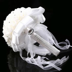 Bride Bouquet Bridal Rose Foam Flower Wedding White Satin Crystal Romantic Decor