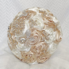 Luxury Handmade Floral Satin Rose Bridal Bouquet with Rhinestones