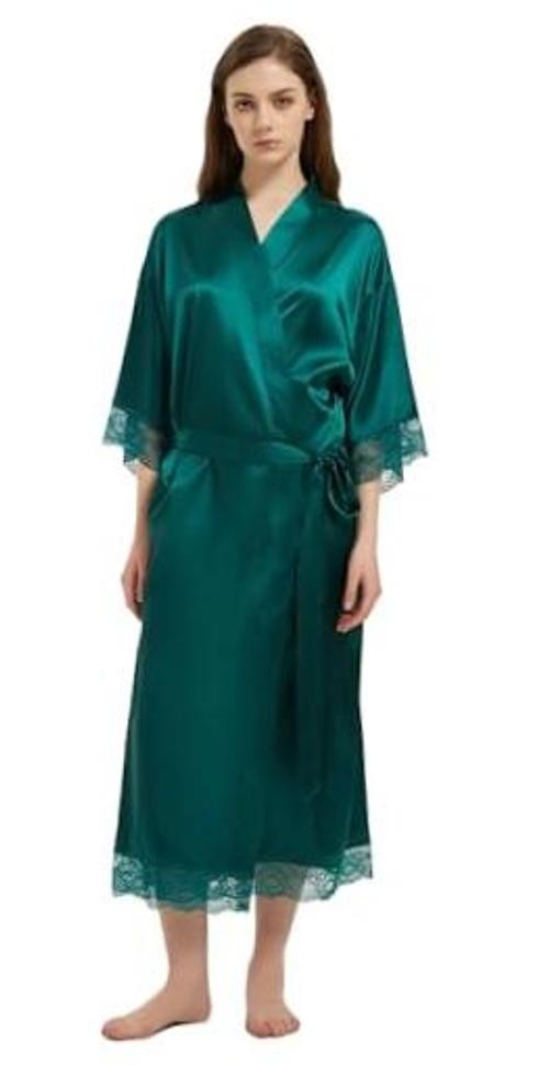 Women’s Satin Robe Long Silk Kimono Bathrobe Lace XX-Large-3X-Large Dark Green