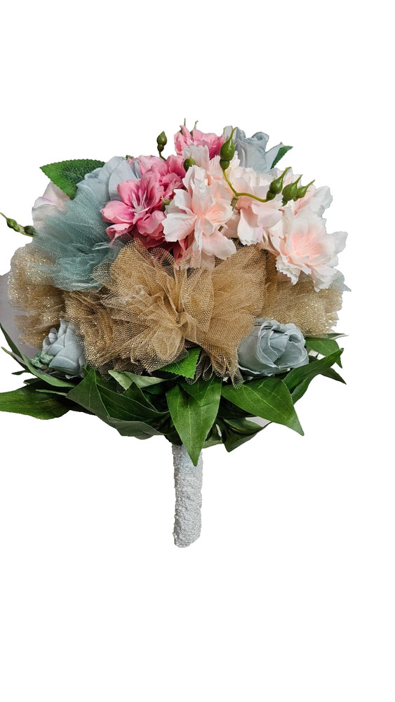 Handmade Dusty Pink Blue Bridal Wedding Bouquet Flower Girl Posey Handle 12″