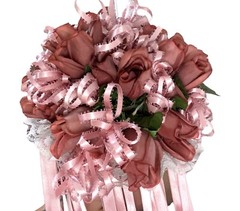 VTG Silk Flower & Lace Streamers Wedding Bridal Bouquet Red Rose & Pink Ribbons