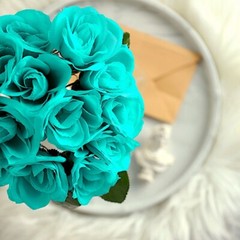 TURQUOISE 12″ tall Velvet Roses ARTIFICIAL FLOWERS Bouquet Wedding Decorations