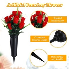 Tigeen 6 Sets Father’s Day Cemetery Flowers with Grave Vase 12 Bunches Red