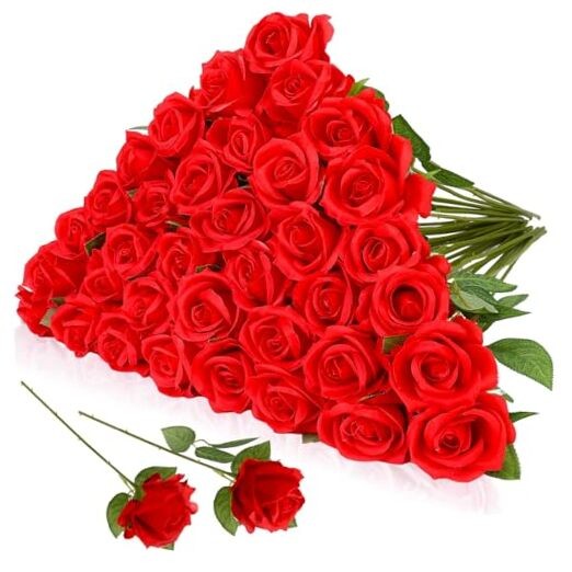 36 Pcs Silk Rose Bouquet Bridal Artificial Flowers,Fake Rose Long Stem Red