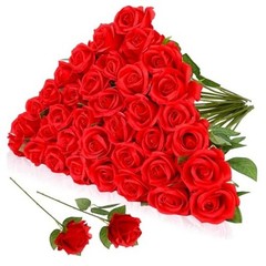 36 Pcs Silk Rose Bouquet Bridal Artificial Flowers,Fake Rose Long Stem Red