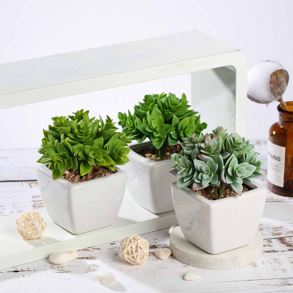 3 Off White Ceramic Pots 4″ Green Faux Crassula Succulent Plants Wedding Favors