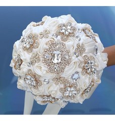 Hmplimue Handmade Ivory Silk Rose Bridal Bouquet 7.5” w/Rhinestones