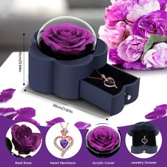 Preserved Rose with Heart Necklace Eternal Flower Gift for ONE ROSE, Purple