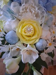 Bouquet and Boutonniere, Yellow, Light Blue, White,Bling, 2pc set