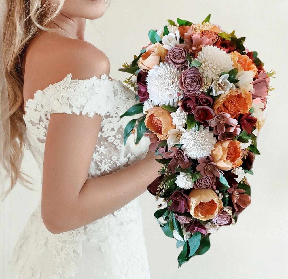 Terra Cotta Bridal Bouquet Burnt Orange Cascading Sola Wood Wedding Flowers