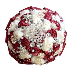 Handmade Luxury Rose Silk Pearls Rhinestone Brooch Wedding Bridal Bouquet Ivory