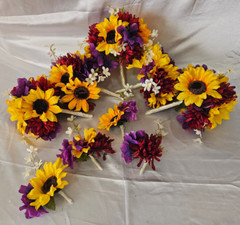 Fall Wedding Bouquet Set, Roses, Sunflowers, Purple, Yellow, Maroon