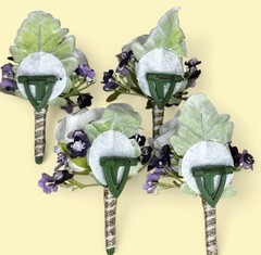 5 Artificial White Rose Boutonnières Wrapped With Twine Accent, Never Used