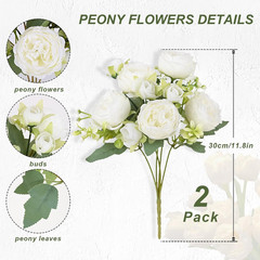 MARTINE MALL 2 Packs Peonies Artificial Flowers, White Artificial Peonies, Silk