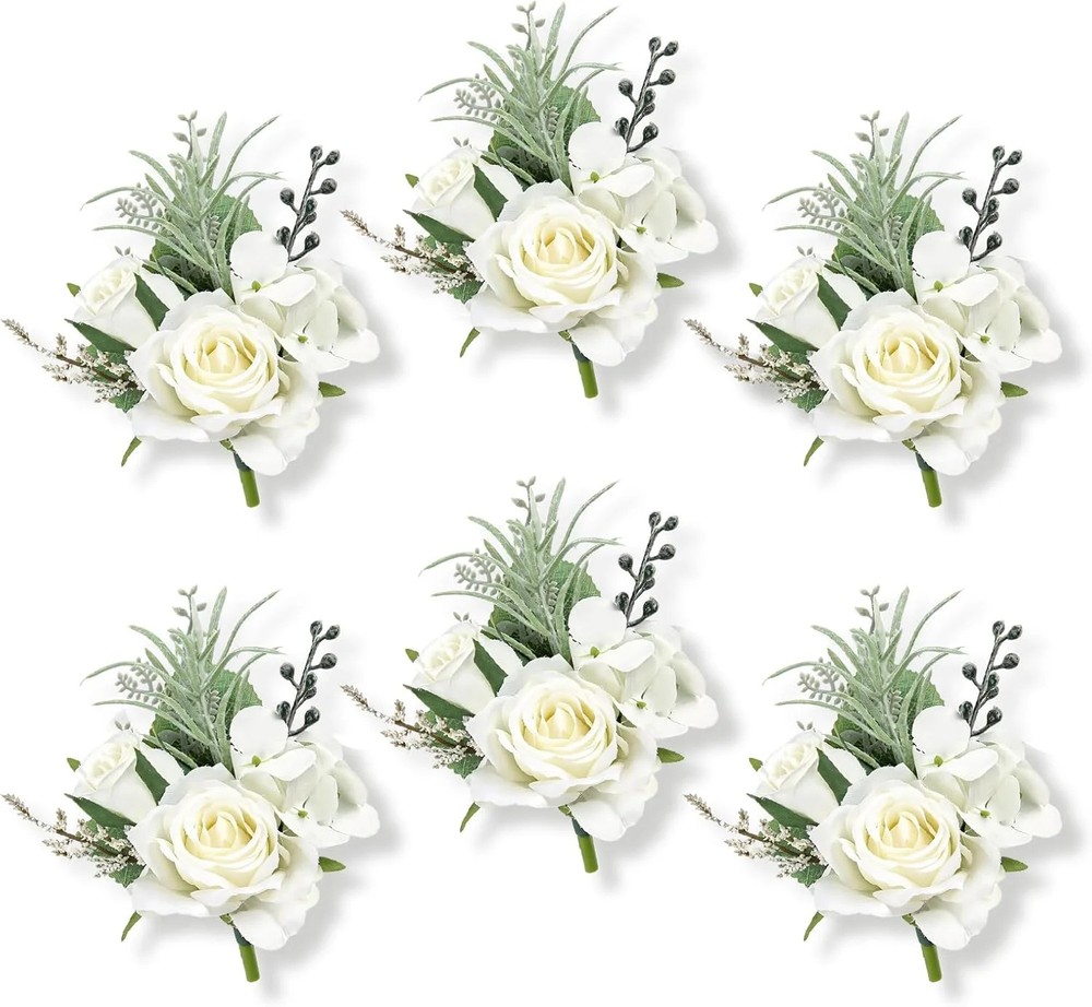 6Pcs White Faux Silk Rose Boutonnieres for Men Wedding Prom | White Artificial S