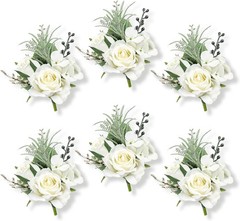 6Pcs White Faux Silk Rose Boutonnieres for Men Wedding Prom | White Artificial S