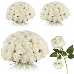 50PCS Artificial Silk Roses Flowers – Realistic Fake Roses in Bulk & White