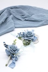 Ansofi Dusty Blue Corsage and Boutonniere Set, Prom Artificial Flower Wrist