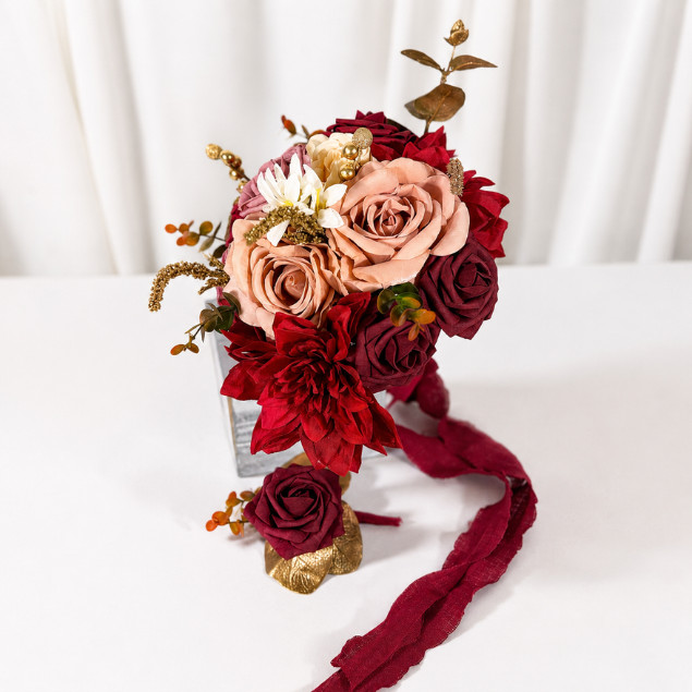 Burgundy Gold Mauve Pink Silk Rose Dahlia Bridal Bouquet Boutonniere Wedding Set
