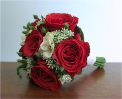 Silk Flower BRIDAL BOUQUET Red Rose and White Freesia, Boutonniere Included