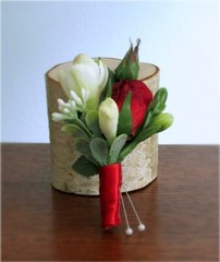 Silk Flower BRIDAL BOUQUET Red Rose and White Freesia, Boutonniere Included