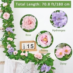 Artificial Flower Garlands 6FT Fake Silk Rose Vine Hanging 2PCS Pink Purple