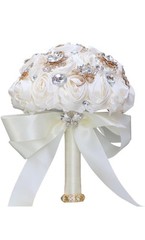 Hmplimue Handmade Ivory Silk Rose Bridal Bouquet 7.5” w/Rhinestones