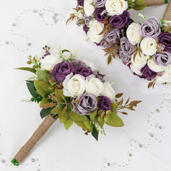 Set of 6 Dusty Purple Bridesmaid Bouquets – 7″ Ivory Flower Decor