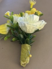 Silk Boutonnière Yellow Flowers & Filler. Yellow Ribbon On Stem Perfect For Prom